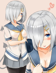 Rule 34 | 10s, 1girl, :p, absurdres, black legwear, blue eyes, blush, breasts, buttons, cleavage, demon tail, demon wings, grey skirt, hair ornament, hair over one eye, hairclip, hamakaze (kancolle), heart, highres, kantai collection, large breasts, looking away, mini wings, multiple views, neckerchief, no gloves, pleated skirt, saku (kudrove), school uniform, serafuku, short hair, silver hair, simple background, skirt, tail, tongue, tongue out, wings, yellow neckerchief