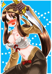Rule 34 | 1girl, 74, bandana, blue background, blush, bow, bow bra, bra, breasts, brown gloves, brown hair, brown headwear, brown jacket, brown shirt, commentary request, cowboy shot, dagger, gloves, highres, holding, holding dagger, holding knife, holding weapon, jacket, knife, long hair, long sleeves, looking at viewer, medium breasts, midriff, navel, nipples, nose blush, open mouth, ponytail, ragnarok online, red bow, reverse grip, shirt, shrug (clothing), sidelocks, solo, thief (ragnarok online), underwear, wardrobe malfunction, weapon, white bra, yellow eyes