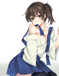 Rule 34 | 10s, 1girl, bare shoulders, black thighhighs, blue skirt, blush, breasts, brown eyes, brown hair, cleavage, collarbone, female focus, gradient background, highres, japanese clothes, kaga (kancolle), kantai collection, large breasts, looking at viewer, mouth hold, neck, off shoulder, pleated skirt, rinarisa, seiza, short hair, side ponytail, simple background, sitting, skirt, solo, thighhighs, white background