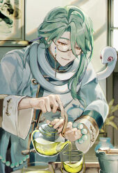 1boy alternate_costume animal animal_around_neck baizhu_(genshin_impact) bead_bracelet beads black_pants bracelet changpao changsheng_(genshin_impact) chinese_clothes cup eyeshadow fingernails genshin_impact glass_teapot glasses green_hair green_tea hair_between_eyes hair_ornament hair_stick hanging_scroll highres holding holding_teapot indoors jewelry leaning_forward long_hair long_sleeves makeup male_focus pants parted_lips plant pouring ranaco red_eyeshadow robe scroll semi-rimless_eyewear single_sidelock sleeve_cuffs smile snake solo tea teapot under-rim_eyewear vase white_robe white_snake window window_shadow yellow-framed_eyewear yellow_eyes