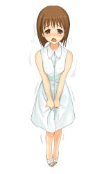Rule 34 | 00s, 1girl, a1 (initial-g), bare shoulders, blush, brown eyes, brown hair, covering crotch, covering privates, dress, flat chest, hagiwara yukiho, have to pee, idolmaster, idolmaster (classic), idolmaster 1, nervous sweating, pee, peeing, peeing self, solo, sweat