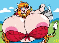 Rule 34 | 1girl, areola slip, blue eyes, breasts, bursting breasts, cow girl, fat, freckles, gigantic breasts, orange hair, solo