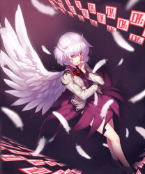 Rule 34 | 1girl, bare legs, bow, bowtie, braid, covering own mouth, dress, dutch angle, feathered wings, feathers, french braid, full body, gradient background, hair between eyes, hand on own face, jacket, kaiza (rider000), kishin sagume, long sleeves, looking at viewer, open clothes, open jacket, purple background, purple dress, red bow, red eyes, shoes, short dress, short hair, silver hair, single wing, solo, touhou, white jacket, white wings, wind, wind lift, wings