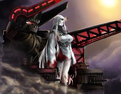 Rule 34 | 10s, 1girl, absurdres, abyssal ship, bad id, bad nicoseiga id, blood, blood on clothes, breasts, claws, colored skin, detached sleeves, dress, glowing, glowing eyes, highres, horns, kantai collection, large breasts, long hair, machinery, parted lips, rei hana (nachis514), ribbed dress, seaport princess, short dress, sideboob, single horn, solo, thighs, turret, very long hair, white hair, white skin, yellow eyes