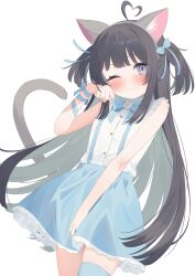 Rule 34 | 1girl, ;3, ahoge, animal ear fluff, animal ears, bare arms, bare shoulders, black hair, blue bow, blue skirt, blue thighhighs, blush, bow, cat ears, cat girl, cat tail, closed mouth, collared shirt, frilled skirt, frills, grey eyes, hair bow, hand up, heart, heart ahoge, highres, indie virtual youtuber, long hair, looking at viewer, multicolored hair, nekose momoka, one eye closed, paw pose, ribbon, shirt, simple background, single thighhigh, skirt, sleeveless, sleeveless shirt, smile, solo, suspenders, tail, tail raised, thighhighs, tofu1601, two side up, very long hair, white background, white shirt