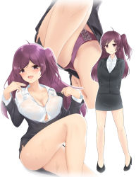 Rule 34 | 10s, 1girl, ahoge, bare legs, blush, breasts, business suit, cleavage, dress shirt, enatsu, formal, hagikaze (kancolle), high heels, highres, kantai collection, large breasts, long hair, looking at viewer, miniskirt, multiple views, office lady, open mouth, panties, pantyshot, pencil skirt, purple hair, purple panties, shirt, side ponytail, simple background, skirt, skirt suit, smile, suit, underwear, white background