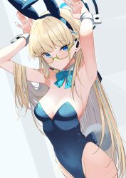 Rule 34 | 1girl, animal ears, arms up, bare shoulders, blonde hair, blue archive, blue eyes, blue hair, blue leotard, bow, bowtie, breasts, cleavage, copyright request, covered navel, detached collar, earrings, fake animal ears, fake tail, glasses, green bow, green bowtie, highleg, highleg leotard, highres, jewelry, large breasts, leotard, long hair, looking at viewer, medium breasts, motto notto, multicolored hair, orange-framed eyewear, playboy bunny, rabbit ears, rabbit tail, solo, strapless, strapless leotard, streaked hair, tail, toki (blue archive), toki (bunny) (blue archive), two-tone hair, wrist cuffs