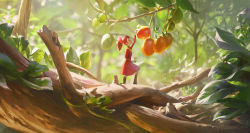 Rule 34 | 1girl, arrietty, brown hair, clothes pin, day, dress, food, forest, fruit, fruit tree, highres, leaf, leesuyeon, long hair, mini person, minigirl, nature, outdoors, ponytail, red dress, solo, studio ghibli, tree
