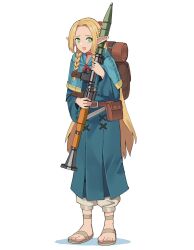 Rule 34 | 1girl, absurdres, backpack, bag, blonde hair, blue dress, braid, brown bag, dress, dungeon meshi, gar32, green eyes, highres, holding, holding weapon, long hair, marcille donato, nervous, pointy ears, rocket launcher, rpg, rpg-7, rpg (weapon), single braid, solo, toeless footwear, toes, weapon, white background