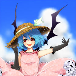Rule 34 | 1girl, :d, adapted costume, adjusting clothes, adjusting headwear, alternate costume, armpits, bat wings, black gloves, blue hair, blush, cloud, cloudy sky, day, dress, elbow gloves, fangs, gloves, hat, hat ribbon, ifuji sakura, looking at viewer, open mouth, outstretched arm, pink dress, red eyes, remilia scarlet, ribbon, short hair, skirt, skirt set, sky, sleeveless, smile, solo, straw hat, sundress, touhou, upper body, wings