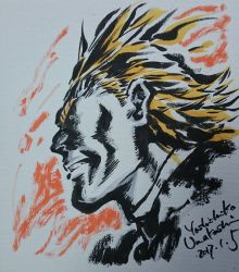 Rule 34 | 1boy, all might, angry, artist name, blonde hair, blue eyes, boku no hero academia, clenched teeth, eyebrows, highres, male focus, marker (medium), official art, profile, shadow, solo, teeth, traditional media, umakoshi yoshihiko, watermark, white background