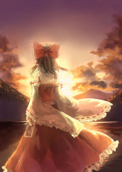 Rule 34 | 1girl, absurdres, between fingers, bow, brown hair, cloud, detached sleeves, from behind, hair bow, hair tubes, hakurei reimu, hankon, highres, holding, landscape, long sleeves, mountain, ribbon-trimmed sleeves, ribbon trim, scenery, shirt, skirt, skirt set, sky, solo, spell card, star (sky), sunset, touhou, wide sleeves