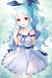 Rule 34 | 1girl, aile (crossroads), arm behind back, arm up, bare shoulders, blue hair, bow, dress, hair ribbon, linus falco, long hair, open mouth, pointing, red eyes, ribbon, smile, solo, striped, sword girls, very long hair, wavy hair, wide ponytail