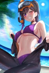Rule 34 | 1girl, ;d, absurdres, backlighting, bikini, black hair, blue sky, blush, bodysuit, breasts, commission, day, diving suit, grin, highres, long hair, looking at viewer, medium breasts, navel, one eye closed, open mouth, original, outdoors, ponytail, purple bikini, purple eyes, scuba, skeb commission, sky, smile, snorkel, solo, sun, sunlight, swimsuit, undressing, wetsuit, yayoi maka