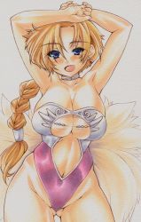 Rule 34 | 1girl, angel leotard, arms up, bianca (dq5), blue eyes, blush, braid, breasts, cleavage, dragon quest, dragon quest v, fox tail, highres, huge breasts, leotard, long hair, looking at viewer, multiple tails, open mouth, revealing clothes, simple background, smile, solo, square enix, tail, traditional media, uneven eyes, white background, white leotard, yutakasan-love