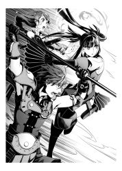 Rule 34 | 1boy, 2girls, armor, arms up, border, braid, braided ponytail, closed mouth, fighting, floating hair, from side, glass (tate no yuusha no nariagari), greyscale, hand fan, highres, holding, holding fan, holding scythe, l&#039;arc berg sickle, long hair, minami seira, monochrome, multiple girls, novel illustration, official art, open mouth, outside border, ponytail, scythe, shoulder armor, swept bangs, tate no yuusha no nariagari, therese alexanderite, twintails, very long hair, white border