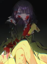 Rule 34 | 1girl, 228696833, arknights, arknights: endfield, black background, black eyes, black hair, black jacket, blood, blood on clothes, blood on face, crossed legs, endministrator (arknights), female endministrator (arknights), hair ornament, hand on own cheek, hand on own face, highres, holding, jacket, light, long sleeves, looking at viewer, official alternate costume, open clothes, open jacket, ribbed sweater, sitting, smile, solo, sweater, white sweater