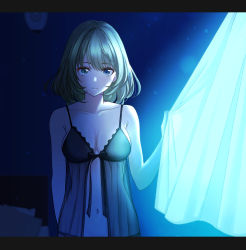 Rule 34 | 1girl, arm at side, awazake (2wairu), babydoll, bare arms, bare shoulders, bed sheet, black ribbon, blue eyes, breasts, cleavage, closed mouth, collarbone, curtains, glowing, green eyes, green hair, heterochromia, highres, idolmaster, idolmaster cinderella girls, indoors, lace trim, looking at viewer, medium breasts, navel, ribbon, see-through, short hair, smile, solo, stomach, takagaki kaede, underwear, underwear only, upper body