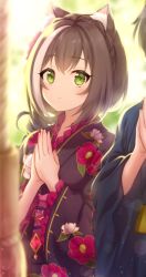 Rule 34 | 1boy, 1girl, alternate hairstyle, animal ear fluff, animal ears, ayumi (as0206), backlighting, black hair, black kimono, blurry, blurry foreground, blush, cat ears, cat girl, closed mouth, day, depth of field, floral print, frilled sleeves, frills, green eyes, highres, japanese clothes, karyl (new year) (princess connect!), karyl (princess connect!), kimono, long hair, long sleeves, looking at viewer, low ponytail, multicolored hair, obi, out of frame, outdoors, own hands together, praying, princess connect!, print kimono, sash, solo focus, streaked hair, two-tone hair, upper body, white hair, wide sleeves, yuuki (princess connect!)
