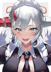 Rule 34 | 1girl, absurdres, asymmetrical horns, azur lane, between breasts, black necktie, breasts, center opening, earrings, fangs, gloves, grey eyes, grey hair, hair on horn, hakuryuu (azur lane), hakuryuu (slice dice and serve) (azur lane), highres, horns, jewelry, kabi (zcwd8845), large breasts, looking at viewer, maid headdress, mismatched horns, multiple horns, necktie, necktie between breasts, official alternate costume, red horns, sharp teeth, simple background, solo, teeth, upper body, white background, white gloves, white horns