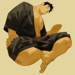 Rule 34 | 1boy, abs, bara, bare pectorals, black hair, black kimono, facial hair, feet, goatee, japanese clothes, kimono, large pectorals, leaning to the side, crossed legs, male focus, mature male, mr kasuy, muscular, muscular male, navel hair, nipples, open clothes, open kimono, original, pectorals, short hair, sideburns, solo, stomach, stubble