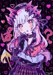 Rule 34 | 1girl, blush, breasts, collar, cone hair bun, demon girl, demon horns, demon tail, earrings, grey hair, hair bun, highres, honey strap, horns, jewelry, kiato, long hair, long sleeves, looking at viewer, medium breasts, multicolored hair, nanashi inc., open mouth, pink hair, pointy ears, red eyes, smile, solo, suou patra, tail, virtual youtuber