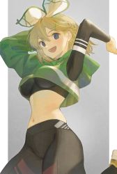 Rule 34 | 1girl, arms up, asymmetrical clothes, black pants, blonde hair, blue eyes, bow, braid, breasts, commission, crop top, french braid, fujie-yz, hair between eyes, hair bow, hair ornament, highres, hood, hood down, long sleeves, medium breasts, midriff, navel, open mouth, original, pants, short hair, simple background, skeb commission, solo, two-tone background, underboob, x hair ornament