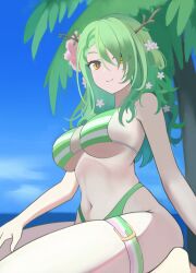Rule 34 | 1girl, bikini, blue sky, branch, breasts, ceres fauna, flower, green hair, hair flower, hair ornament, hair over one eye, highleg, highres, hololive, hololive english, j.d. thunderhawk, large breasts, long hair, looking at viewer, navel, ocean, palm tree, sky, smile, solo, striped bikini, striped clothes, swimsuit, thighs, tree, virtual youtuber, yellow eyes