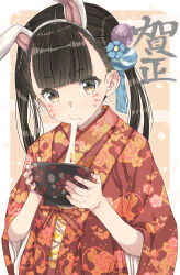Rule 34 | 1girl, animal ears, border, bowl, brown eyes, child, eating, facepaint, fake animal ears, female focus, floral print, flower, food, hair flower, hair ornament, highres, japanese clothes, kimono, looking at viewer, mochi, original, outside border, ozzzzy, pom pom (clothes), pom pom hair ornament, print kimono, rabbit ears, solo, twintails, white border