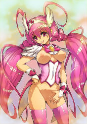 Rule 34 | 10s, 1girl, blush, bottomless, bow, breasts, cleft of venus, cure happy, eyelashes, hisahiko, hoshizora miyuki, long hair, magical girl, open mouth, pink bow, pink eyes, pink hair, pink thighhighs, precure, pussy, smile, smile precure!, solo, thighhighs, twintails, uncensored, very long hair