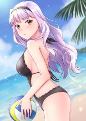 Rule 34 | 1girl, backless swimsuit, ball, beach, black hairband, black one-piece swimsuit, blue sky, blurry, blurry background, breasts, casual one-piece swimsuit, cloud, cowboy shot, day, hairband, highres, holding, holding ball, idolmaster, idolmaster (classic), large breasts, lens flare, long hair, looking at viewer, ocean, one-piece swimsuit, outdoors, parted lips, red eyes, shijou takane, silver hair, sky, solo, soujin, sparkle, standing, swimsuit, very long hair