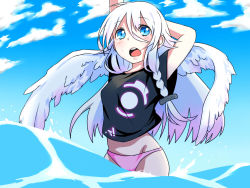Rule 34 | 1girl, bikini, bikini bottom only, blue eyes, day, feathered wings, fuu (07199382), groin, highres, ia (vocaloid), in water, long hair, looking at viewer, open mouth, pink bikini, shirt, solo, swimsuit, t-shirt, vocaloid, wading, white hair, white wings, wings