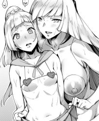 Rule 34 | 2girls, age difference, alternate breast size, bikini, blush, bra, breasts, breath, clothes lift, collarbone, covered erect nipples, creatures (company), game freak, greyscale, heart, heart-shaped pupils, heart bikini, heavy breathing, large breasts, lillie (pokemon), long hair, looking at viewer, lusamine (pokemon), mature female, micro bikini, monochrome, mother and daughter, multiple girls, navel, nintendo, nipples, open mouth, pokemon, pokemon sm, ponytail, skirt, skirt lift, small breasts, stomach, sugarbeat, sweat, swimsuit, symbol-shaped pupils, thought bubble, underboob, underwear, very long hair