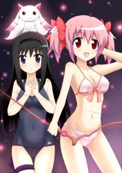 Rule 34 | 10s, 2girls, akemi homura, animal, animal on head, bikini, black eyes, black hair, blush, bow (weapon), breasts, cleavage, covered navel, front-tie top, hairband, holster, junk doppel, kaname madoka, kyubey, long hair, mahou shoujo madoka magica, mahou shoujo madoka magica (anime), medium breasts, multiple girls, navel, on head, one-piece swimsuit, open mouth, pink hair, red eyes, school swimsuit, short hair, smile, swimsuit, thigh gap, thigh holster, twintails, weapon