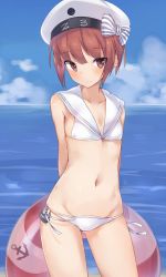 Rule 34 | 10s, 1girl, anchor symbol, arms behind back, bare arms, bare shoulders, beret, bikini, blue sky, blush, bow, brown eyes, brown hair, character name, clothes writing, collarbone, contrapposto, cowboy shot, day, eyebrows, flat chest, hat, hat bow, hat ornament, highres, holding, horizon, innertube, kantai collection, looking at viewer, metindone, ocean, sailor bikini, sailor collar, short hair, side-tie bikini bottom, sky, smile, smiley face, solo, standing, striped, striped bow, swim ring, swimsuit, water, white hat, z3 max schultz (kancolle)