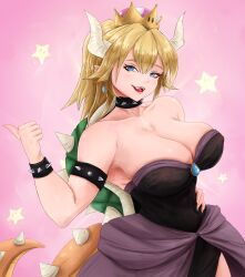 Rule 34 | 1girl, absurdres, artist request, black collar, black dress, blonde hair, blue eyes, bowsette, breasts, collar, covered erect nipples, dragon girl, dragon horns, dragon tail, dress, fang, hand on own hip, highres, horns, large breasts, long hair, looking at viewer, mario (series), nintendo, non-web source, open mouth, pointy ears, smug, source request, spiked collar, spikes, super crown, tail