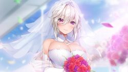 Rule 34 | 1girl, azarashi soft, bare shoulders, blush, bouquet, breasts, bridal veil, bride, cleavage, closed mouth, crown, day, detached collar, dress, elbow gloves, eve (maid-san no iru kurashi), female focus, flower, game cg, gloves, glowing, hair between eyes, hands up, happy, highres, huge breasts, light blush, looking at viewer, maid-san no iru kurashi, outdoors, petals, pink eyes, red flower, red rose, rose, short hair, sky, smile, solo, upper body, veil, wedding dress, white hair, yaman