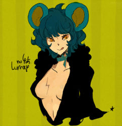 Rule 34 | 1girl, animal ears, bad id, bad pixiv id, blue hair, breasts, cleavage, costume, creatures (company), curly hair, game freak, gen 4 pokemon, l hakase, large breasts, licking, luxray, nintendo, open clothes, open shirt, personification, pokemon, shirt, short hair, solo, tongue, yellow eyes