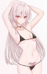 Rule 34 | 1girl, absurdres, arm behind head, armpits, arms up, bare arms, bare shoulders, bikini, black bikini, black choker, blush, braid, breasts, choker, closed mouth, collarbone, commentary request, costone, cowboy shot, grey background, grey hair, groin, hair between eyes, hand on own head, highres, long hair, looking at viewer, navel, original, pubic tattoo, red eyes, simple background, small breasts, solo, standing, swimsuit, tattoo, very long hair