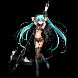Rule 34 | 1girl, aqua hair, arm up, armpits, bad id, bad pixiv id, breasts, cleavage, garter belt, hatsune miku, highres, kuromayu, long hair, looking at viewer, medium breasts, midriff, nail polish, navel, open fly, red eyes, scythe, short shorts, shorts, smile, solo, thighhighs, twintails, unzipped, vocaloid, weapon