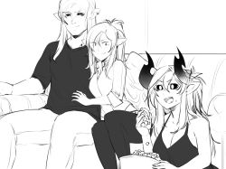 Rule 34 | 1boy, 2girls, aiko (less), akai (less), angel, angel wings, bare shoulders, black sclera, breasts, cleavage, collarbone, colored sclera, couch, demon boy, demon girl, ear piercing, eating, father and daughter, food, greyscale, haohi (less), highres, horns, husband and wife, large breasts, less, long hair, monochrome, mother and daughter, multiple girls, open mouth, original, pants, piercing, pointy ears, ponytail, popcorn, shirt, sleeveless, smile, wings