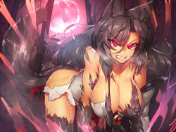 Rule 34 | 1girl, all fours, animal ears, ass, bare shoulders, black hair, breasts, brooch, cleavage, clenched teeth, full moon, fur, hanging breasts, heavy breathing, imaizumi kagerou, jewelry, large breasts, long hair, looking at viewer, melon22, moon, red eyes, red moon, solo, tail, teeth, torn clothes, touhou, transformation, tsurime, wolf ears, wolf tail