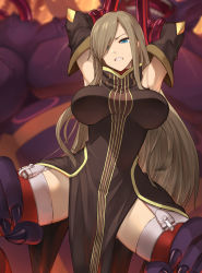 Rule 34 | &ordm;cero, 1girl, angry, armpits, arms behind head, arms up, blonde hair, blue eyes, blurry, blurry background, breasts, breasts apart, cero320, claws, clenched teeth, colored skin, detached sleeves, elbow gloves, garter straps, gloves, hair over one eye, highres, large breasts, leg grab, legs, legs apart, long hair, looking at viewer, monster, purple skin, restrained, size difference, solo focus, spread legs, sweat, swept bangs, tales of (series), tales of the abyss, tear grants, teeth, thighhighs, thighs