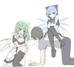 Rule 34 | 1boy, 2girls, :d, all fours, alternate costume, alternate eye color, apron, back bow, black footwear, black gloves, black hair, black ribbon, black thighhighs, blue bow, blue hair, blush, boots, bow, breasts, bright pupils, cirno, cleavage, cleavage cutout, clothing cutout, commentary, crossed legs, daiyousei, ear blush, enmaided, fairy, fairy wings, femdom, food, frilled apron, frilled gloves, frilled wrist cuffs, frills, full body, gloves, green hair, grey eyes, hair bow, hair ribbon, hand up, head rest, headpat, highres, holding, holding leash, ice, ice wings, jitome, karasusou nano, knee boots, large breasts, leash, loafers, looking at another, looking at viewer, maid, maid apron, maid headdress, medium hair, multiple girls, neck ribbon, omelet, omurice, open mouth, ribbon, shoes, short hair, side ponytail, simple background, sitting, sitting on person, smile, squatting, straight hair, sweat, thighhighs, touhou, translated, white apron, white background, white bow, white wrist cuffs, wide-eyed, wings, wrist cuffs, yellow ribbon