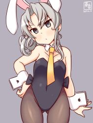 Rule 34 | 1girl, animal ears, artist logo, asymmetrical hair, bare shoulders, black leotard, black pantyhose, blush, dated, detached collar, fake animal ears, flipped hair, gluteal fold, gradient background, grey background, grey eyes, grey hair, kanon (kurogane knights), kantai collection, leotard, necktie, nowaki (kancolle), one-hour drawing challenge, pantyhose, playboy bunny, rabbit ears, rabbit tail, solo, strapless, strapless leotard, tail, wrist cuffs, yellow necktie