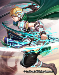Rule 34 | 1boy, blonde hair, boots, cape, cardfight!! vanguard, green eyes, haru (toyst), male focus, official art, radical knight anil, solo, sword, teeth, weapon