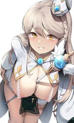 Rule 34 | 1girl, :d, areola slip, arm behind back, between breasts, bishop (maplestory), bra, braid, breasts, cape, cleavage, cleric, commentary, covered erect nipples, cowboy shot, cross, ddangbi, english commentary, gem, gold trim, hair between eyes, hanging breasts, hat, highres, lace, lace-trimmed bra, lace trim, large breasts, leaning forward, long hair, long sleeves, looking at viewer, maplestory, nipples, open mouth, platinum blonde hair, priest, shrug (clothing), simple background, smile, solo, sparkle, teeth, thighs, tilted headwear, underwear, weapon, white background, white bra, winged wand, yellow eyes