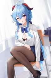 Rule 34 | 1girl, adjusting footwear, ahoge, alternate costume, black bra, black footwear, black pantyhose, black skirt, blue bow, blue bowtie, blue hair, bow, bowtie, bra, breasts, chair, classroom, cleavage, closed mouth, dress shirt, foot out of frame, ganyu (genshin impact), genshin impact, goat horns, gradient eyes, highres, horns, indoors, light smile, long hair, long sleeves, looking at viewer, medium breasts, miniskirt, multicolored eyes, on chair, one eye closed, open clothes, open shirt, paid reward available, pantyhose, pleated skirt, ponytail, purple eyes, qing wu, school chair, school uniform, shirt, shirt tucked in, sidelocks, sitting, skirt, solo, thighs, underwear