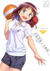 Rule 34 | 1girl, :d, artist name, ball, baseball cap, black shorts, blue eyes, blush, braid, breasts, brown hair, character name, collarbone, cowboy shot, gym shorts, gym uniform, hair ribbon, hat, hat on back, highres, holding, holding ball, open mouth, original, pairan, partially unzipped, ribbon, round teeth, shiratori minami, shirt, short hair, short sleeves, shorts, simple background, small breasts, smile, solo, spread fingers, teeth, twin braids, upper teeth only, volleyball, volleyball (object), white background, white hat, white ribbon, white shirt, zipper, zipper pull tab