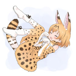 Rule 34 | 1girl, animal ears, bad id, bad tumblr id, bare shoulders, blush, boots, brown thighhighs, closed eyes, cross-laced clothes, cross-laced footwear, from side, gloves, hands up, happy, high-waist skirt, highres, kemono friends, lace-up boots, large tail, light brown gloves, light brown hair, light brown legwear, light brown neckwear, light brown skirt, medium skirt, open mouth, paw pose, print gloves, print neckwear, print skirt, print thighhighs, serval (kemono friends), serval print, serval tail, shirt, shoelaces, short hair, skirt, sleeveless, sleeveless shirt, solo, tail, thighhighs, white footwear